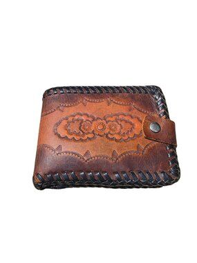 Vintage Hand Tooled Leather Western Bifold Wallet Cowboy Boho Braided Edge GUC